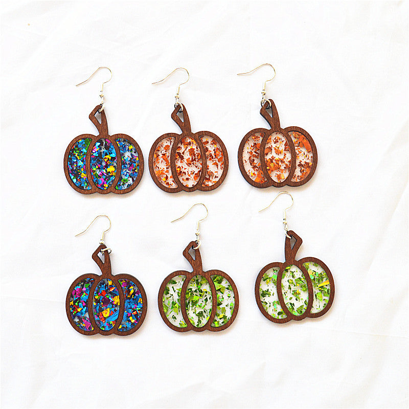 pumpkin earrings, Halloween jewelry, fall accessories, boho earrings, wooden earrings, resin glitter, lightweight design, handmade style, festive earrings, autumn statement EH-084