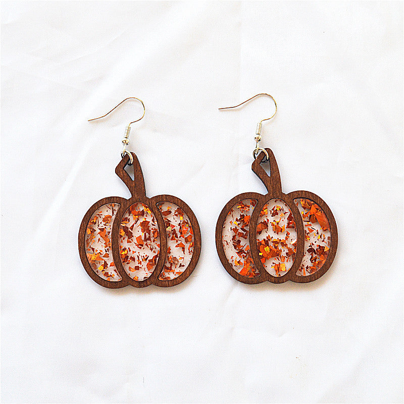 pumpkin earrings, Halloween jewelry, fall accessories, boho earrings, wooden earrings, resin glitter, lightweight design, handmade style, festive earrings, autumn statement EH-084