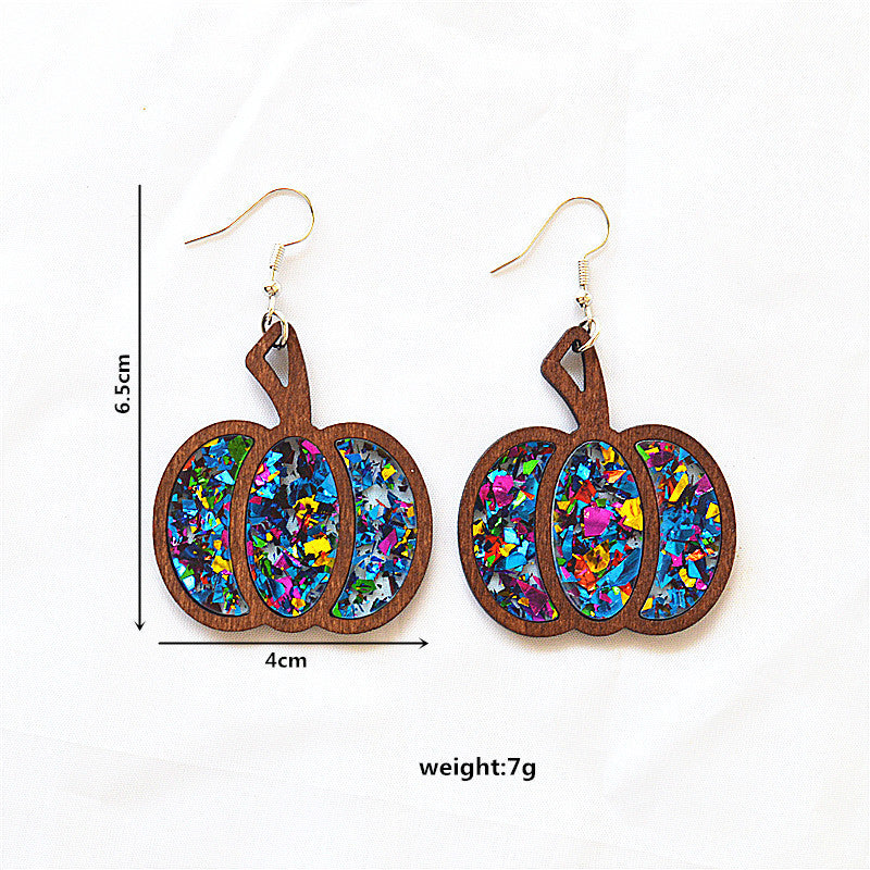 pumpkin earrings, Halloween jewelry, fall accessories, boho earrings, wooden earrings, resin glitter, lightweight design, handmade style, festive earrings, autumn statement EH-084