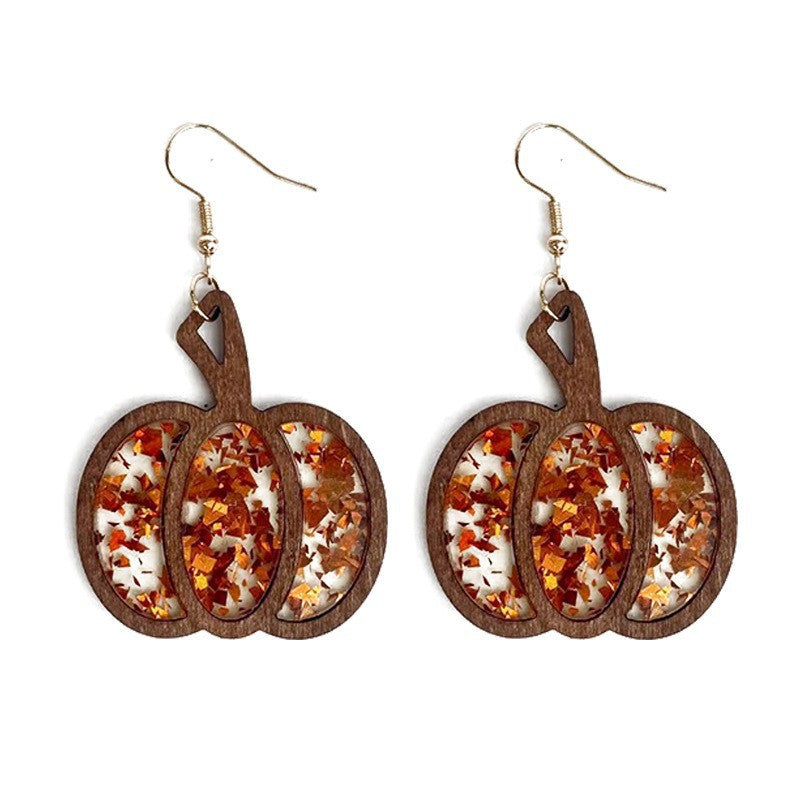 pumpkin earrings, Halloween jewelry, fall accessories, boho earrings, wooden earrings, resin glitter, lightweight design, handmade style, festive earrings, autumn statement EH-084