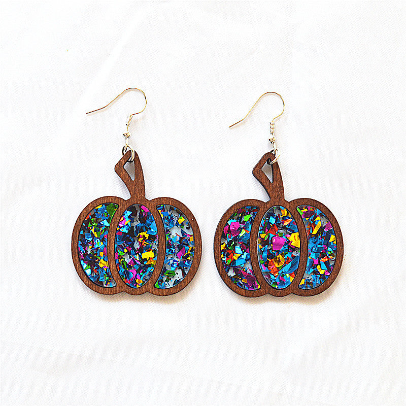 pumpkin earrings, Halloween jewelry, fall accessories, boho earrings, wooden earrings, resin glitter, lightweight design, handmade style, festive earrings, autumn statement EH-084