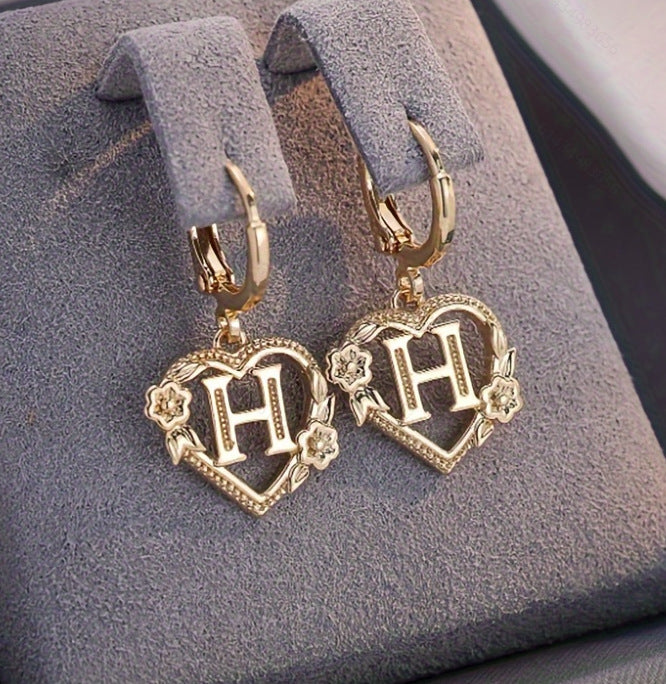 initial earrings, gold heart earrings, letter earrings, personalized jewelry, vintage earrings, romantic style, floral detail, statement hoops, dainty gold earrings, gift for her EH-086