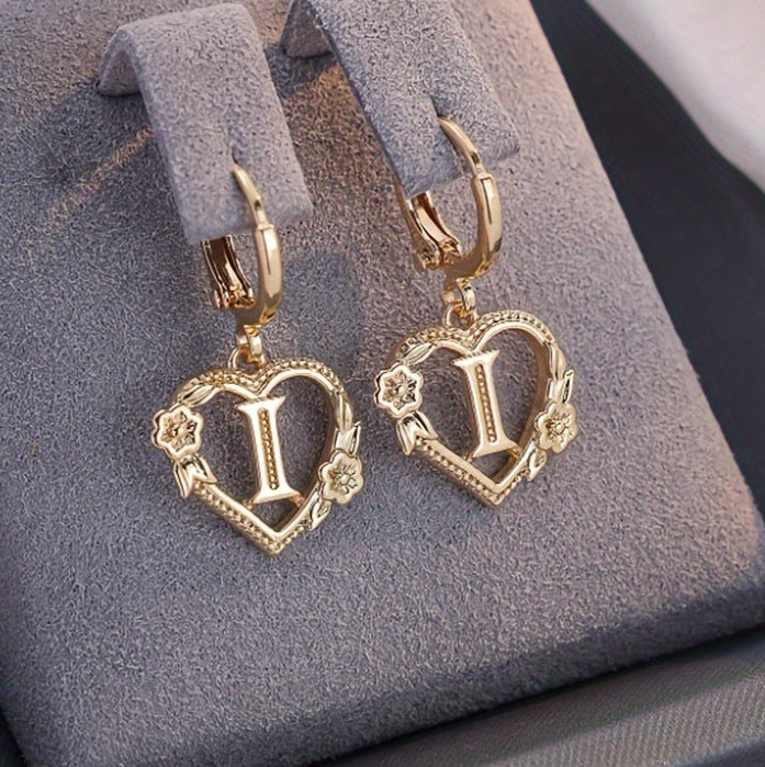 initial earrings, gold heart earrings, letter earrings, personalized jewelry, vintage earrings, romantic style, floral detail, statement hoops, dainty gold earrings, gift for her EH-086