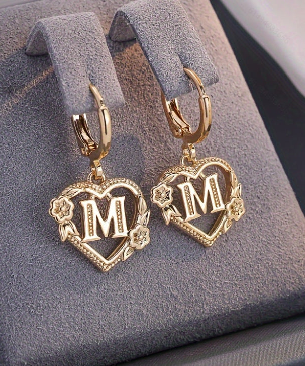 initial earrings, gold heart earrings, letter earrings, personalized jewelry, vintage earrings, romantic style, floral detail, statement hoops, dainty gold earrings, gift for her EH-086