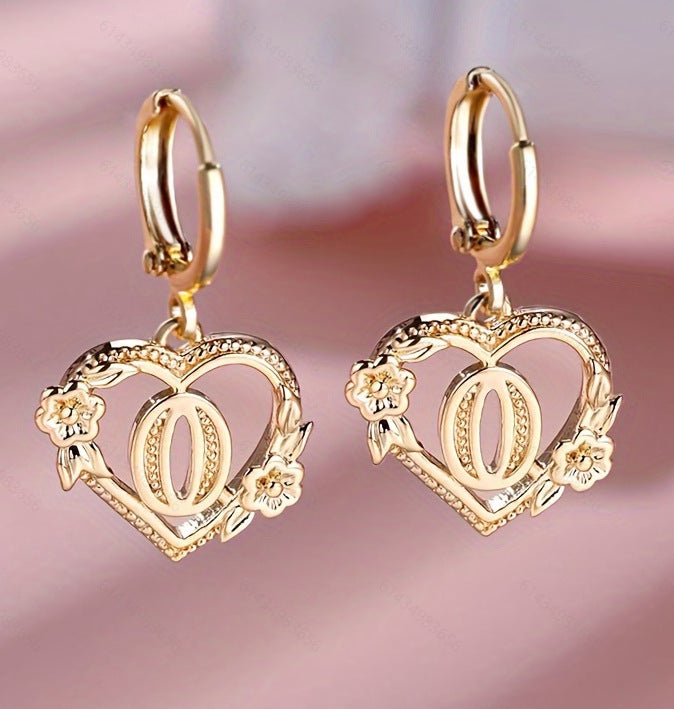initial earrings, gold heart earrings, letter earrings, personalized jewelry, vintage earrings, romantic style, floral detail, statement hoops, dainty gold earrings, gift for her EH-086