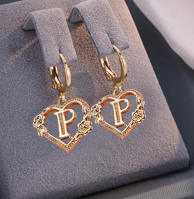 initial earrings, gold heart earrings, letter earrings, personalized jewelry, vintage earrings, romantic style, floral detail, statement hoops, dainty gold earrings, gift for her EH-086