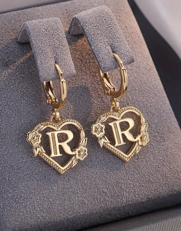 initial earrings, gold heart earrings, letter earrings, personalized jewelry, vintage earrings, romantic style, floral detail, statement hoops, dainty gold earrings, gift for her EH-086