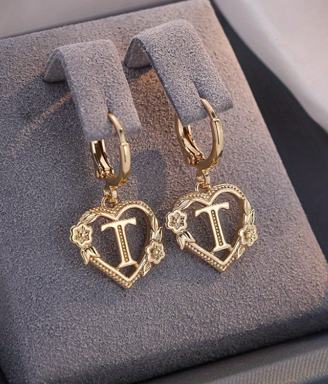 initial earrings, gold heart earrings, letter earrings, personalized jewelry, vintage earrings, romantic style, floral detail, statement hoops, dainty gold earrings, gift for her EH-086