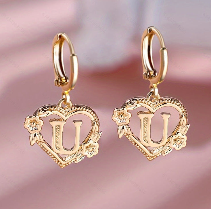 initial earrings, gold heart earrings, letter earrings, personalized jewelry, vintage earrings, romantic style, floral detail, statement hoops, dainty gold earrings, gift for her EH-086
