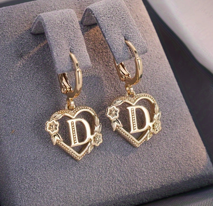 initial earrings, gold heart earrings, letter earrings, personalized jewelry, vintage earrings, romantic style, floral detail, statement hoops, dainty gold earrings, gift for her EH-086