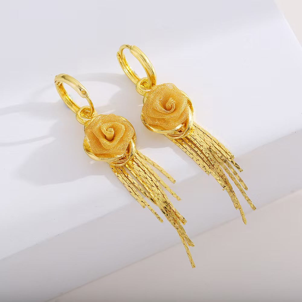 gold rose earrings, tassel earrings, floral dangle earrings, elegant jewelry, romantic style, lightweight earrings, statement earrings, party accessories, gold drop earrings, feminine chic EH-089