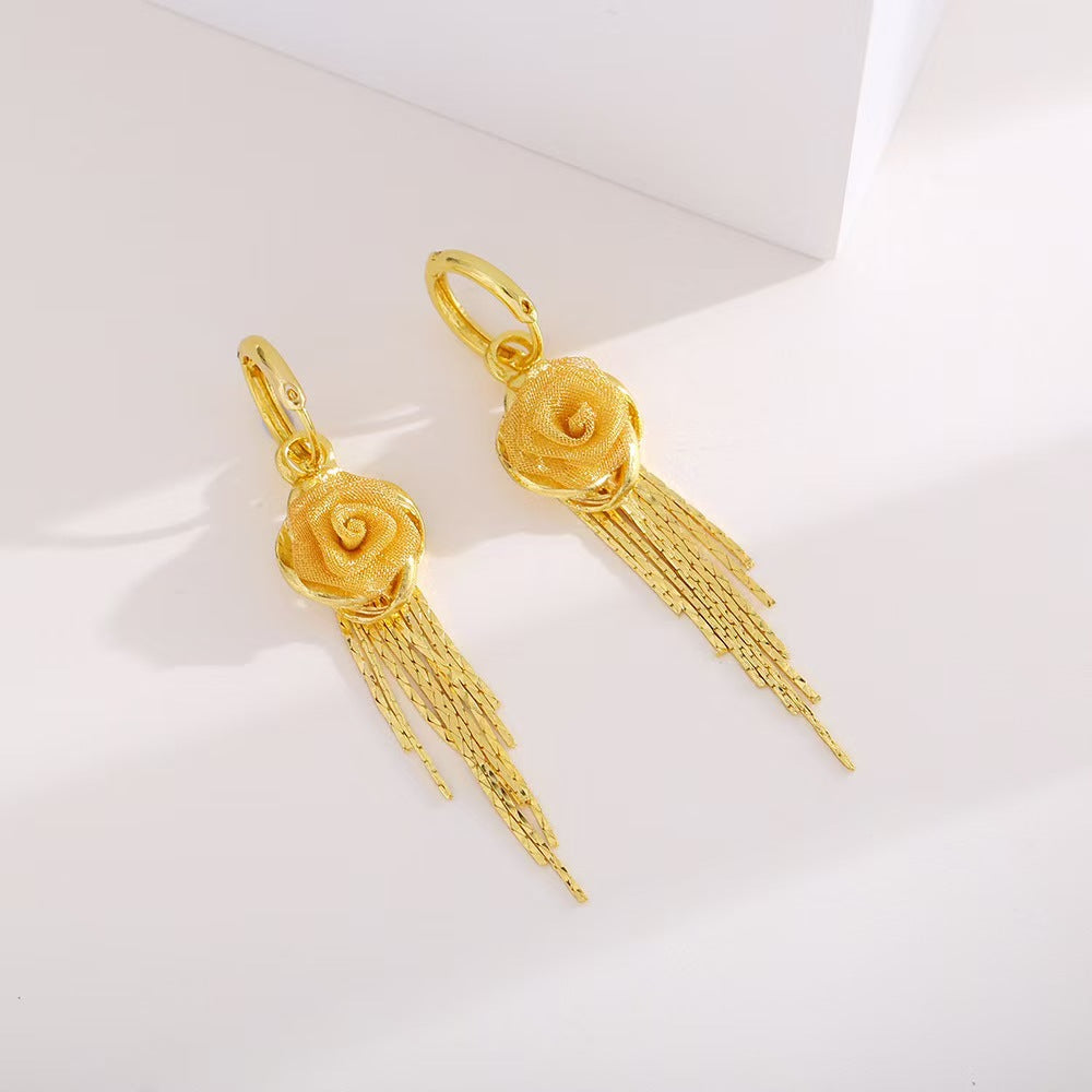 gold rose earrings, tassel earrings, floral dangle earrings, elegant jewelry, romantic style, lightweight earrings, statement earrings, party accessories, gold drop earrings, feminine chic EH-089