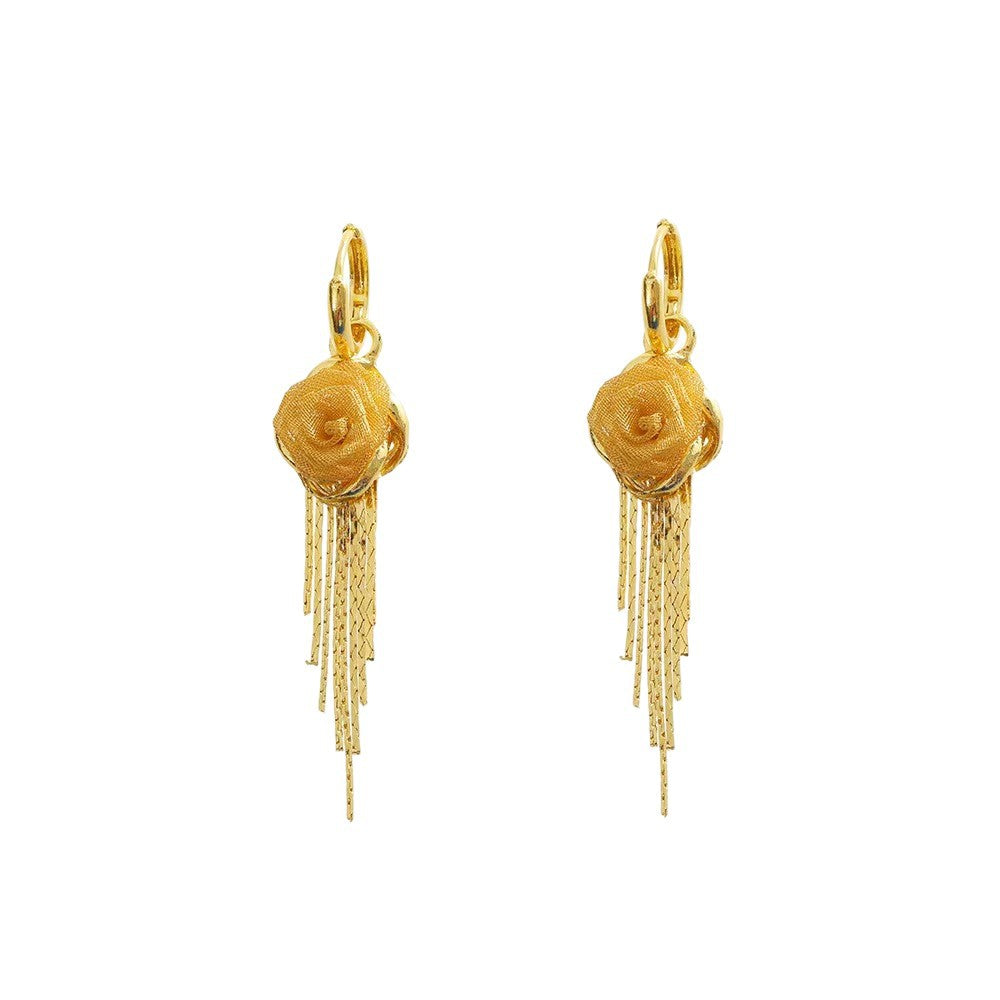 gold rose earrings, tassel earrings, floral dangle earrings, elegant jewelry, romantic style, lightweight earrings, statement earrings, party accessories, gold drop earrings, feminine chic EH-089