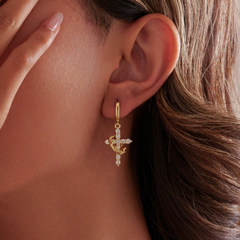 gold cross earrings, crystal dangle earrings, minimalist jewelry, faith-inspired earrings, zircon earrings, statement hoops, elegant gold earrings, daily wear jewelry, sparkle earrings, chic accessories EH-090