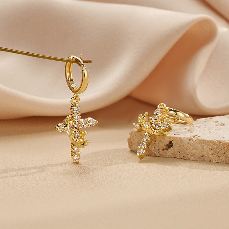 gold cross earrings, crystal dangle earrings, minimalist jewelry, faith-inspired earrings, zircon earrings, statement hoops, elegant gold earrings, daily wear jewelry, sparkle earrings, chic accessories EH-090