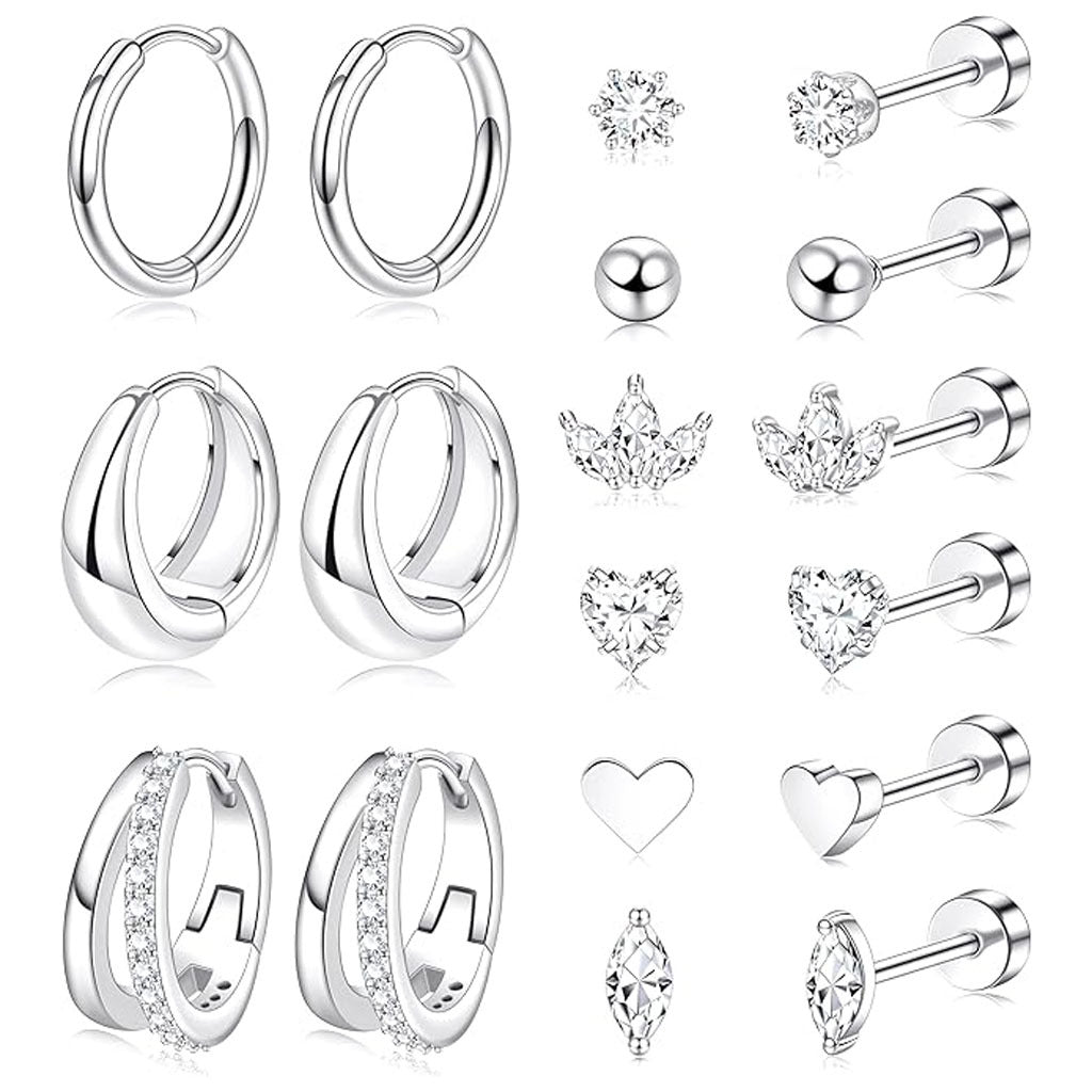 earring set, gold silver earrings, minimalist hoops, stud earrings, crystal earrings, stainless steel jewelry, cartilage earrings, daily wear earrings, layered ear set, versatile accessories EH-091