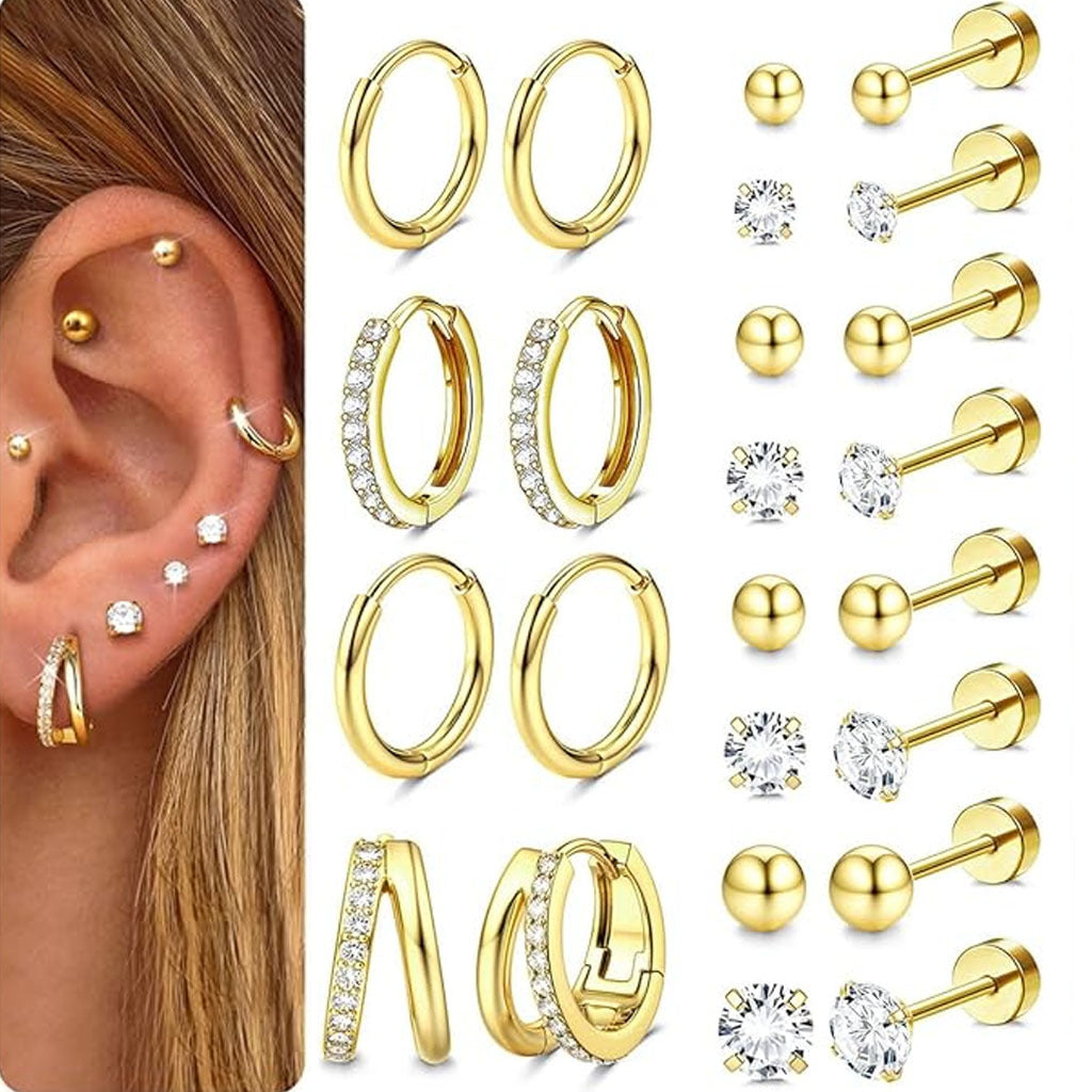 earring set, gold silver earrings, minimalist hoops, stud earrings, crystal earrings, stainless steel jewelry, cartilage earrings, daily wear earrings, layered ear set, versatile accessories EH-091