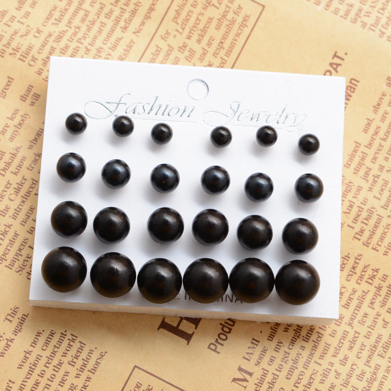 pearl stud earrings, minimalist earrings, matte black studs, classic pearl earrings, daily wear jewelry, elegant ear studs, multi-size set, timeless design, versatile accessories, women’s earring pack EH-092