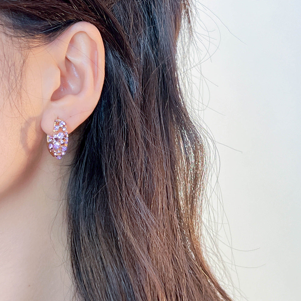 hoop earrings, purple crystal earrings, gold hoops, minimalist jewelry, sparkling earrings, daily wear earrings, elegant hoops, statement jewelry, light luxury style, women’s accessories EH-094