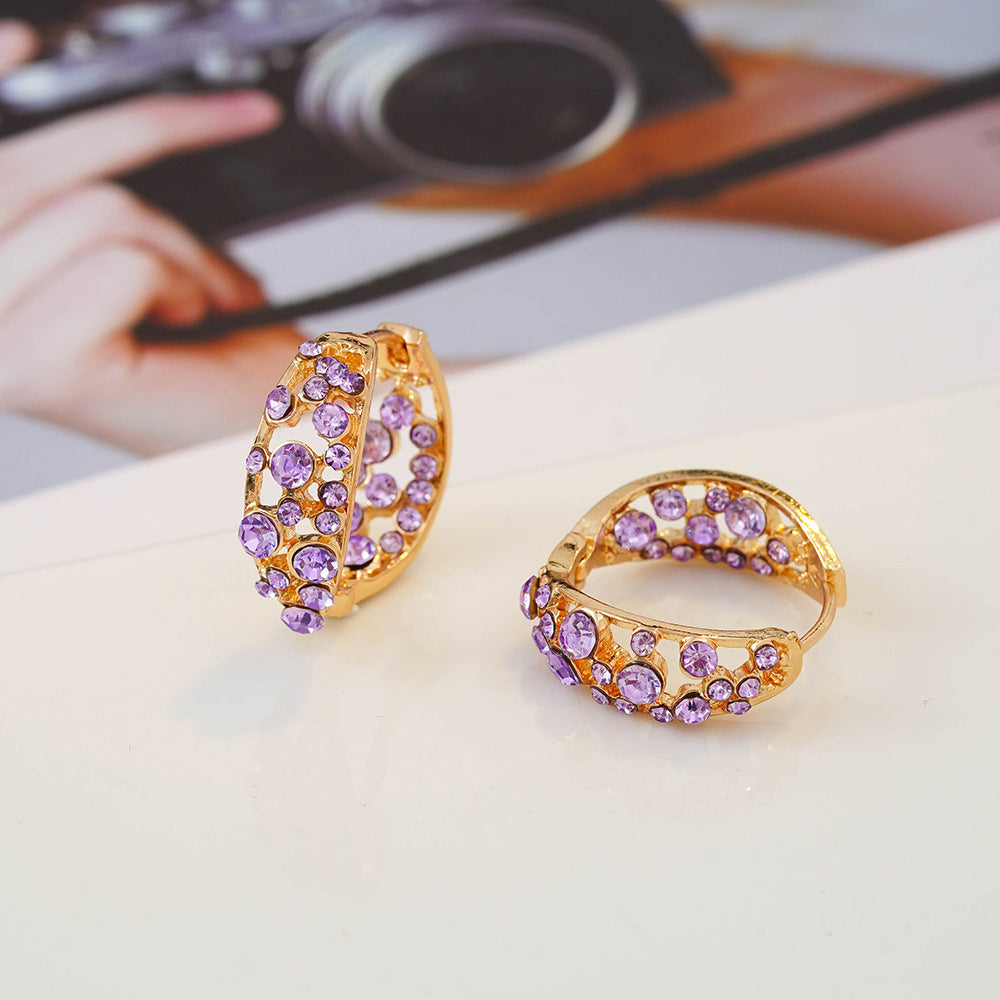 hoop earrings, purple crystal earrings, gold hoops, minimalist jewelry, sparkling earrings, daily wear earrings, elegant hoops, statement jewelry, light luxury style, women’s accessories EH-094
