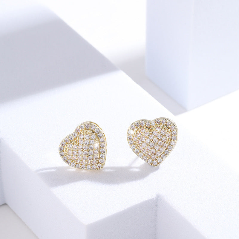 heart earrings, crystal earrings, minimalist studs, gold earrings, silver earrings, sparkle jewelry, pavé heart earrings, elegant earrings, daily wear earrings, romantic jewelry, luxury shine EH-099