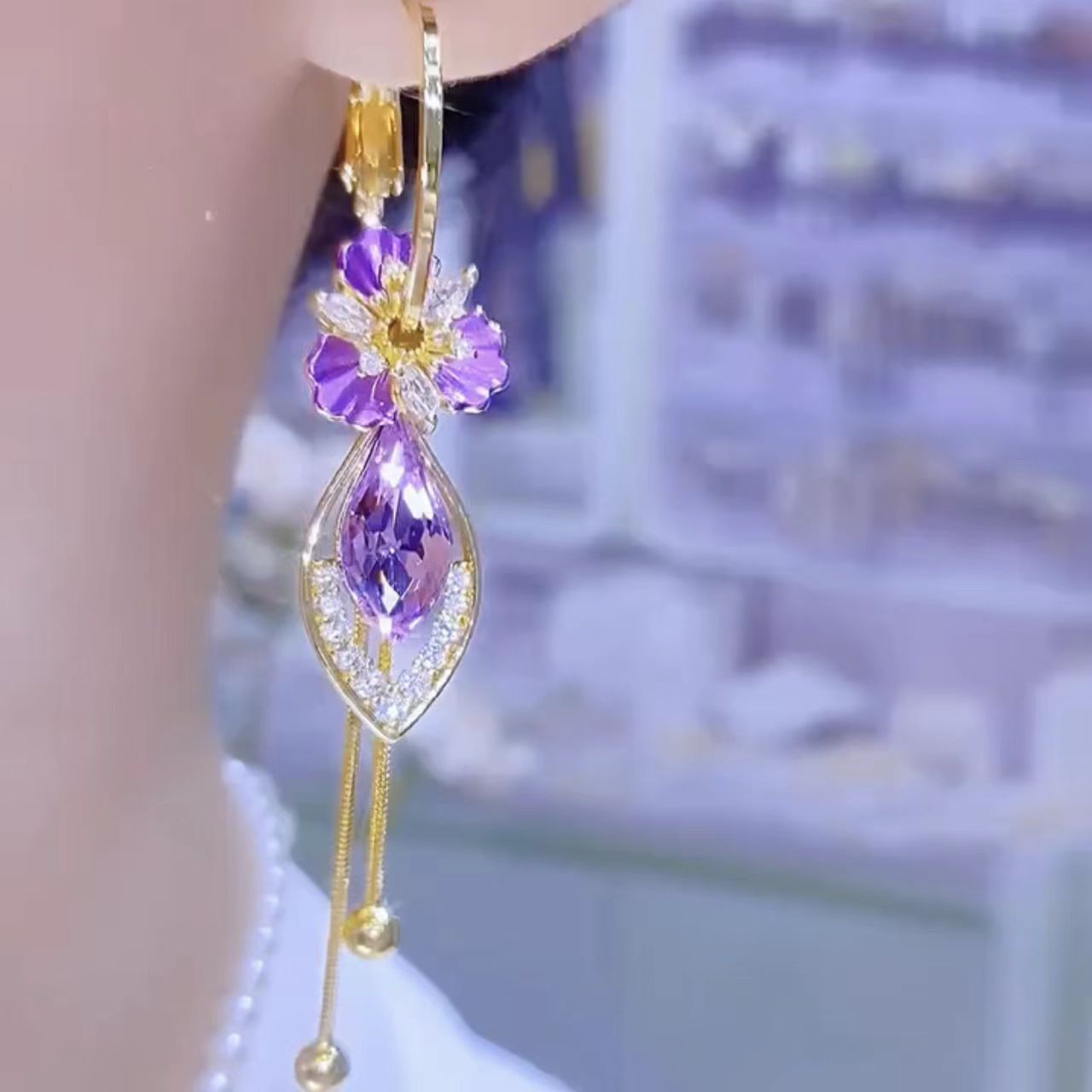 crystal drop earrings, purple earrings, gold statement earrings, elegant dangle earrings, floral earrings, gemstone earrings, luxury jewelry, evening accessories, chic earrings, feminine style EH-100