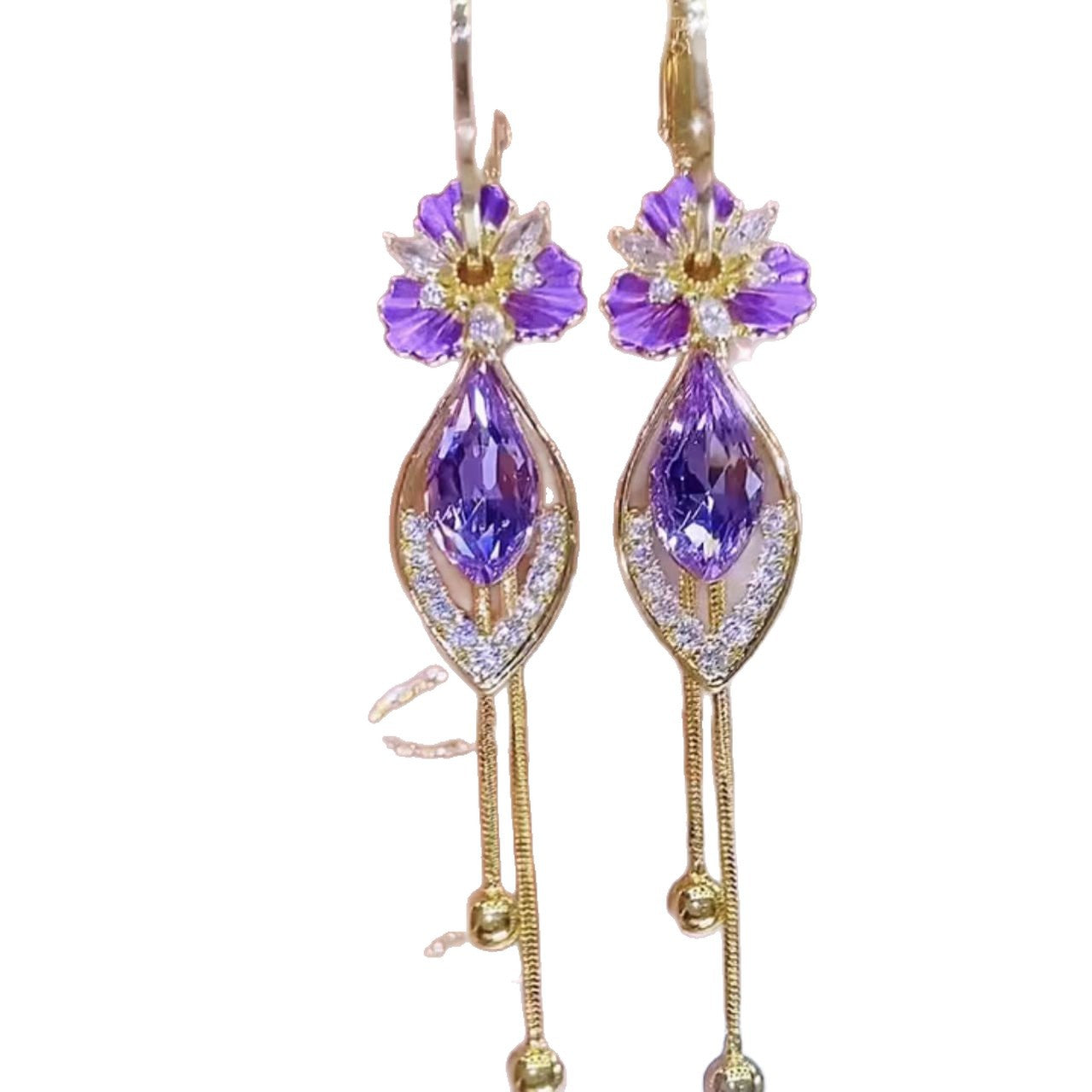 crystal drop earrings, purple earrings, gold statement earrings, elegant dangle earrings, floral earrings, gemstone earrings, luxury jewelry, evening accessories, chic earrings, feminine style EH-100