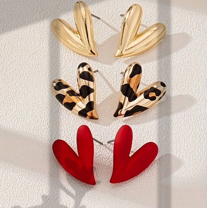 heart earrings, minimalist earrings, statement studs, gold heart earrings, red heart earrings, silver earrings, leopard print earrings, trendy jewelry, Y2K earrings, bold earrings, everyday accessories EH-102
