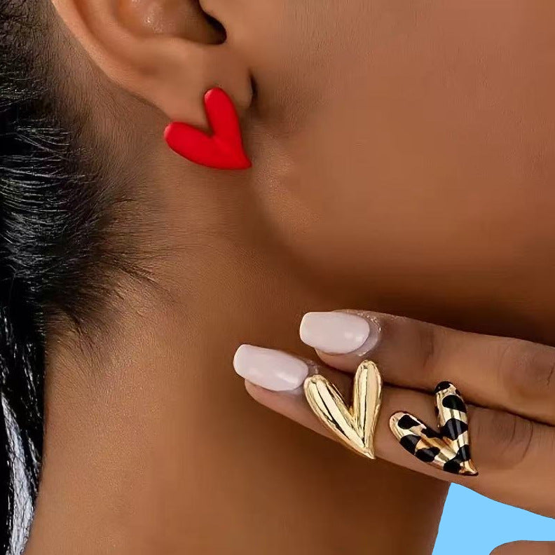 heart earrings, minimalist earrings, statement studs, gold heart earrings, red heart earrings, silver earrings, leopard print earrings, trendy jewelry, Y2K earrings, bold earrings, everyday accessories EH-102