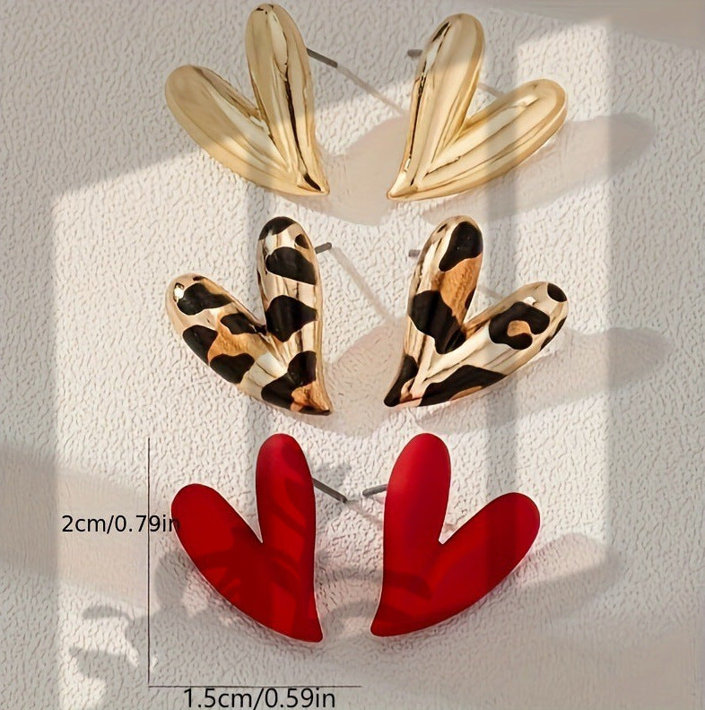 heart earrings, minimalist earrings, statement studs, gold heart earrings, red heart earrings, silver earrings, leopard print earrings, trendy jewelry, Y2K earrings, bold earrings, everyday accessories EH-102