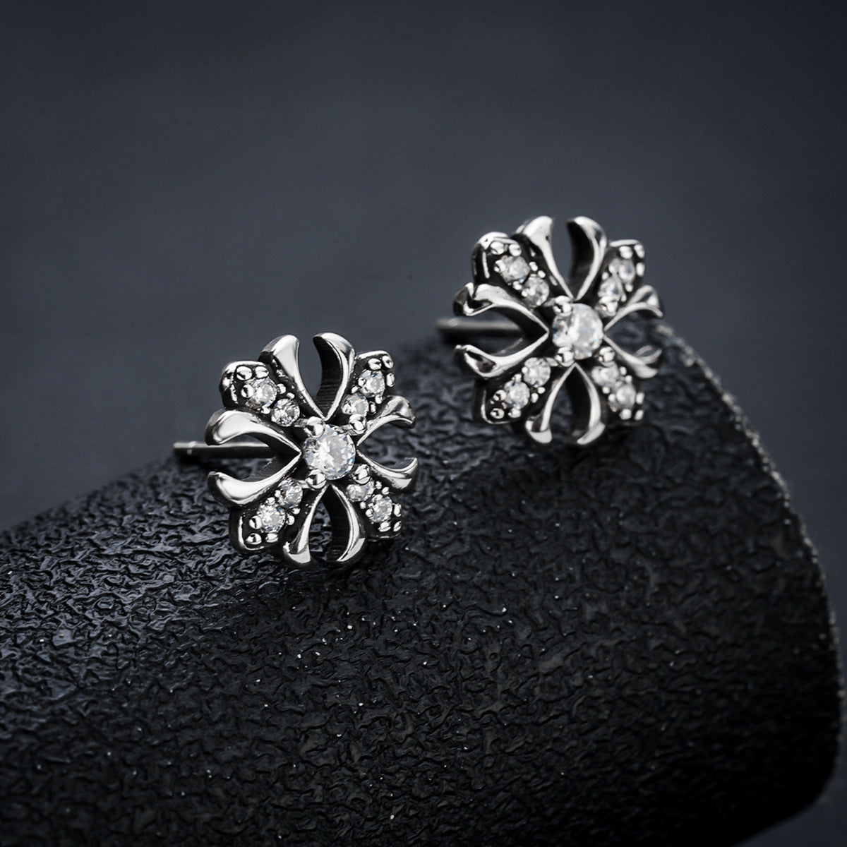 stud earrings, gothic earrings, vintage earrings, stainless steel earrings, cross flower studs, black silver earrings, minimalist jewelry, everyday accessories, edgy style, unisex earrings EH-104