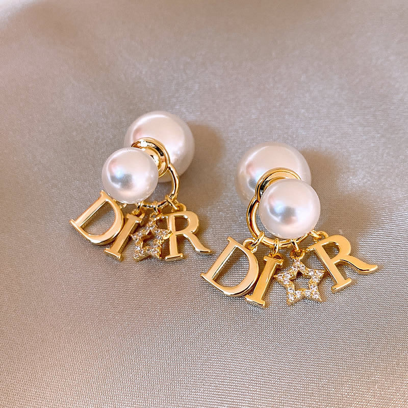 pearl earrings, letter earrings, gold earrings, designer-inspired earrings, statement earrings, chic jewelry, elegant earrings, daily wear accessories, luxury style, charm earrings EH-106