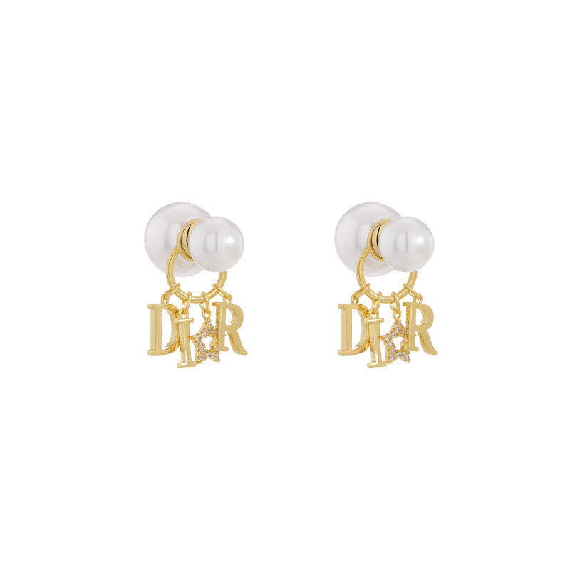 pearl earrings, letter earrings, gold earrings, designer-inspired earrings, statement earrings, chic jewelry, elegant earrings, daily wear accessories, luxury style, charm earrings EH-106