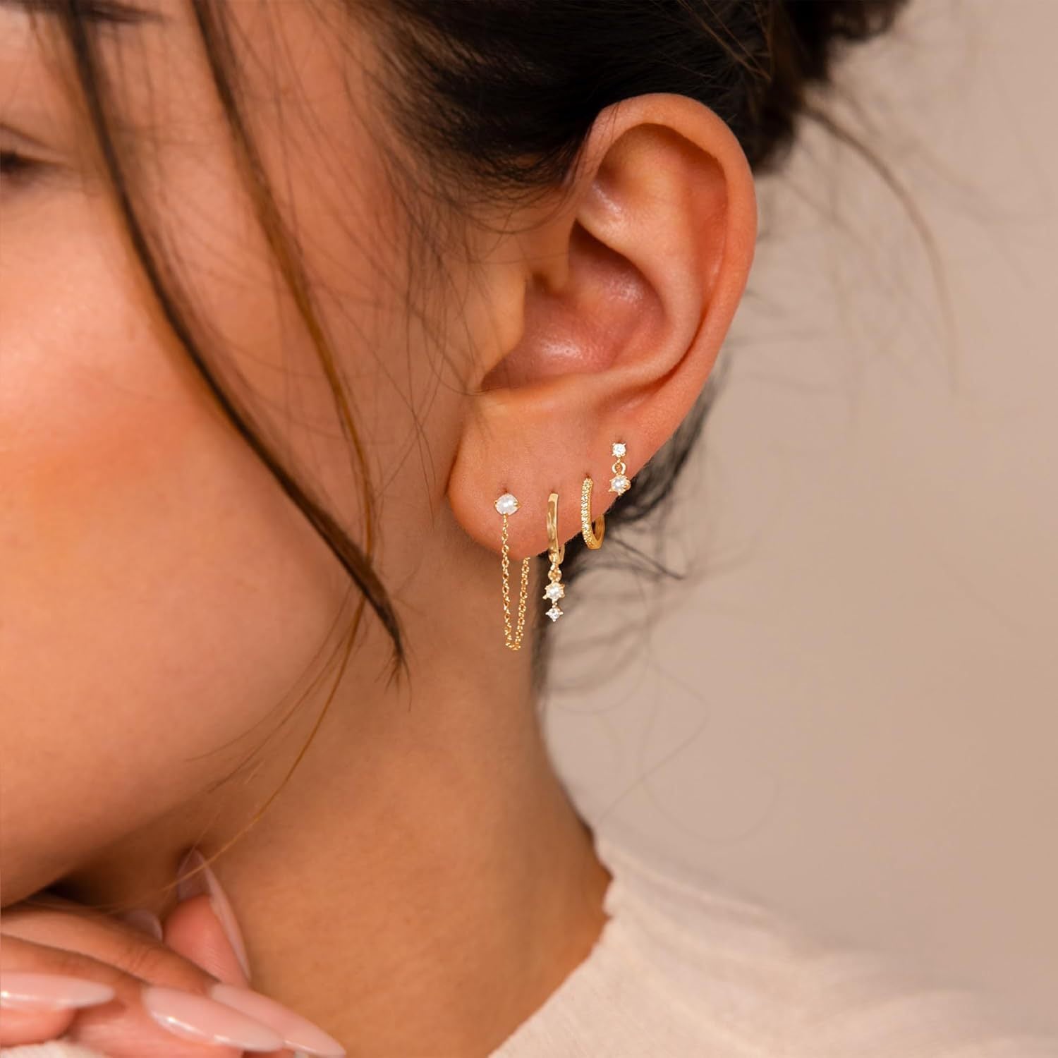 ear cuff set, chain earrings, minimalist earrings, pearl earrings, gold earrings, silver earrings, asymmetrical earrings, dainty jewelry, layered ear set, daily wear accessories EH-107