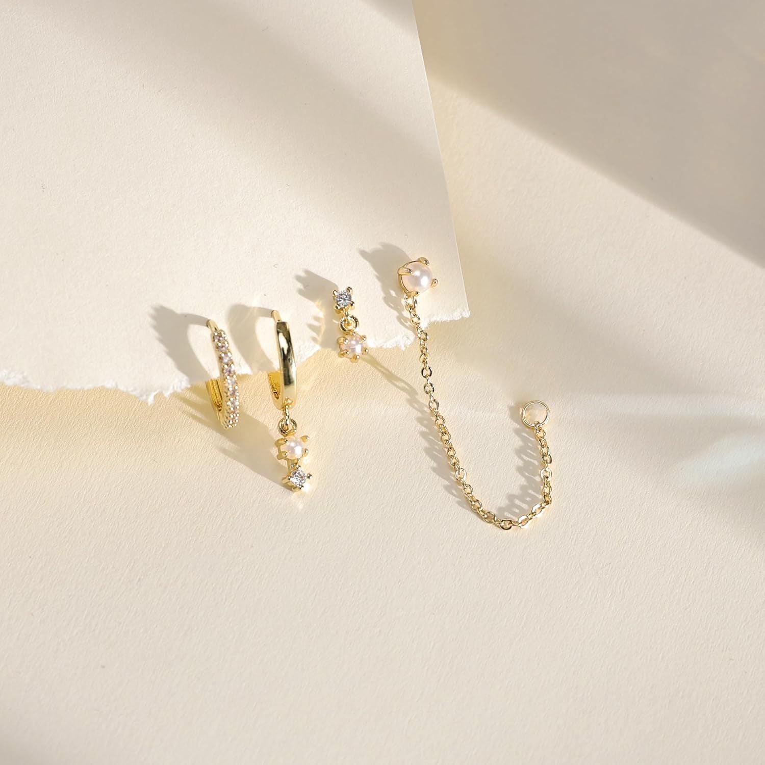 ear cuff set, chain earrings, minimalist earrings, pearl earrings, gold earrings, silver earrings, asymmetrical earrings, dainty jewelry, layered ear set, daily wear accessories EH-107