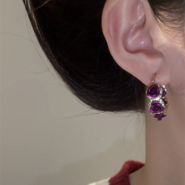 purple crystal earrings, gold earrings, gemstone hoops, elegant earrings, statement jewelry, evening earrings, luxury style, rhinestone earrings, romantic jewelry, party accessories EH-108