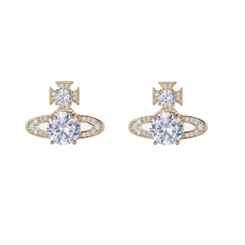 planet earrings, orbit earrings, crystal earrings, minimalist earrings, silver earrings, gold earrings, cosmic jewelry, star earrings, luxury style, night-out accessories EH-109