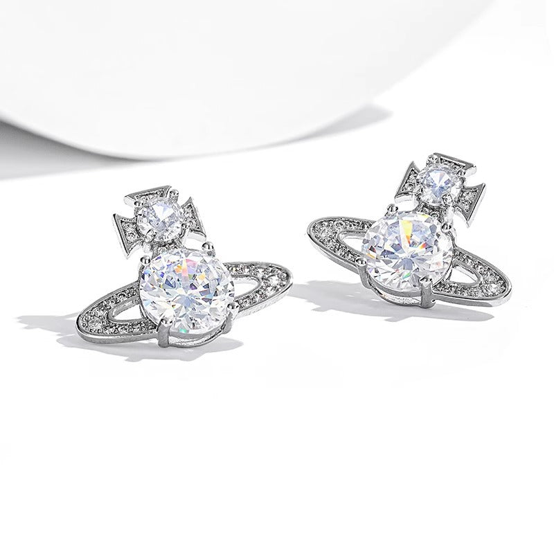 planet earrings, orbit earrings, crystal earrings, minimalist earrings, silver earrings, gold earrings, cosmic jewelry, star earrings, luxury style, night-out accessories EH-109