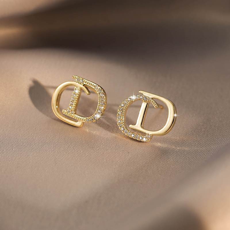 gold stud earrings, letter earrings, designer-inspired, minimalist jewelry, crystal earrings, statement studs, luxury gold earrings, everyday chic, stainless steel earrings, elegant accessories EH-111