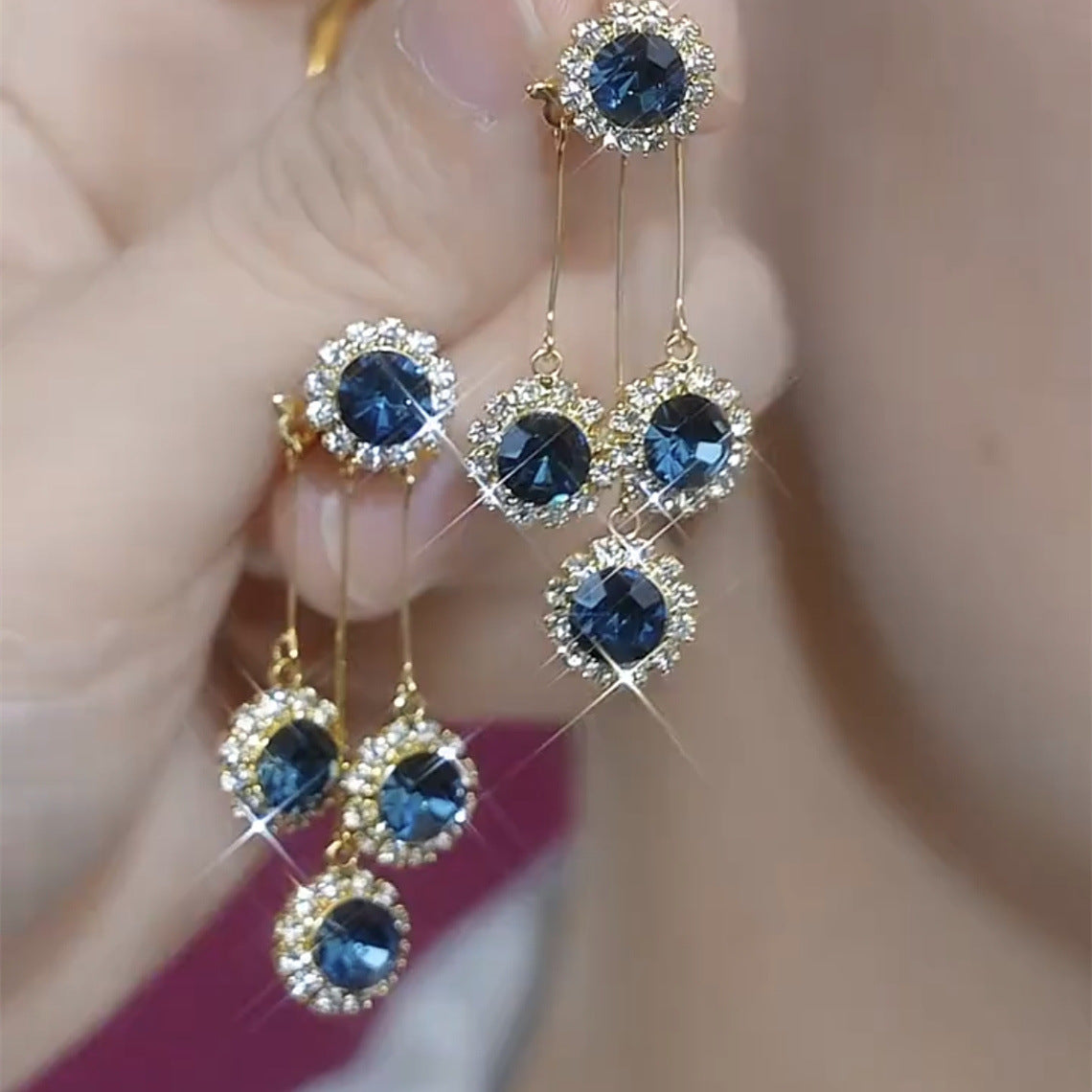 blue crystal earrings, drop earrings, detachable earrings, gold dangle jewelry, elegant evening earrings, sparkling statement earrings, luxury style, versatile earrings, gemstone earrings, party accessories EH-116