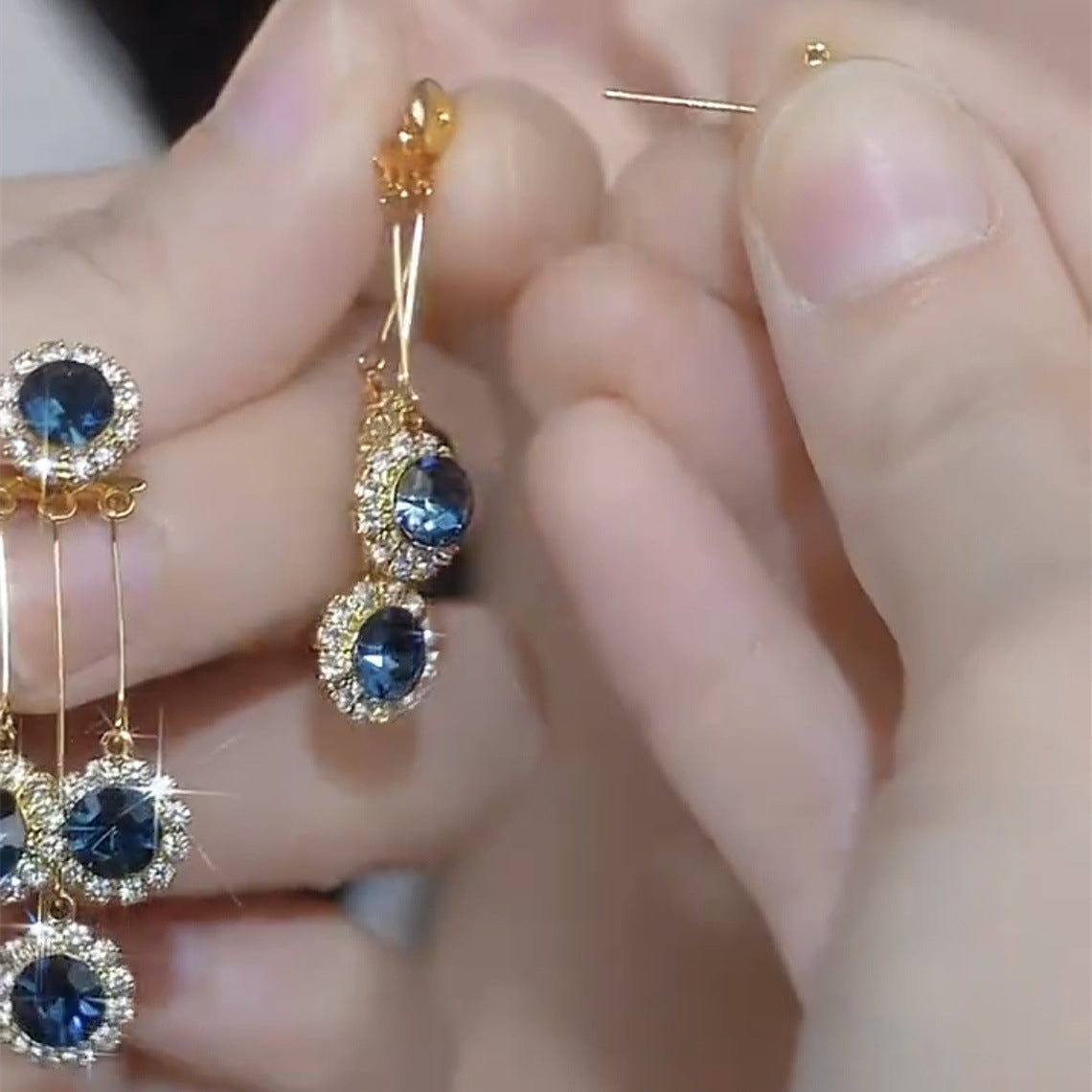 blue crystal earrings, drop earrings, detachable earrings, gold dangle jewelry, elegant evening earrings, sparkling statement earrings, luxury style, versatile earrings, gemstone earrings, party accessories EH-116