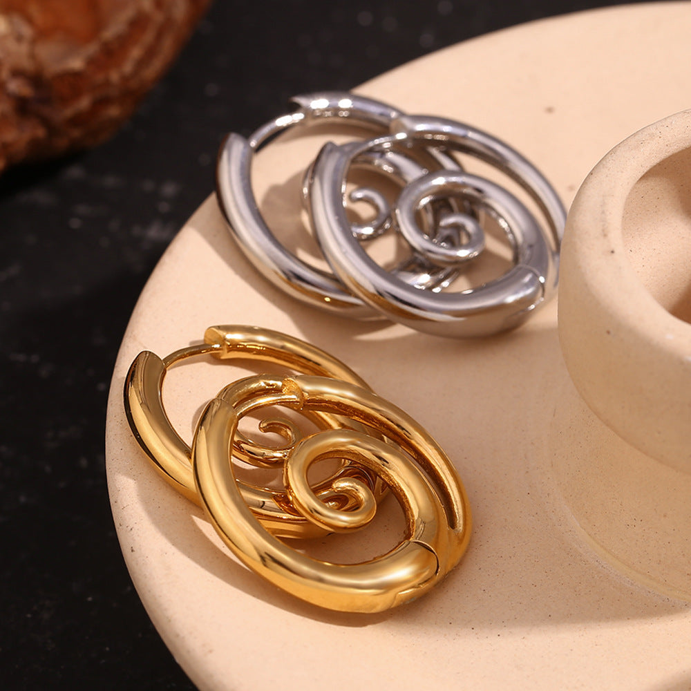 spiral hoop earrings, geometric earrings, minimalist jewelry, stainless steel earrings, gold hoops, silver hoops, bold design, modern style, statement earrings, everyday accessories EH-117