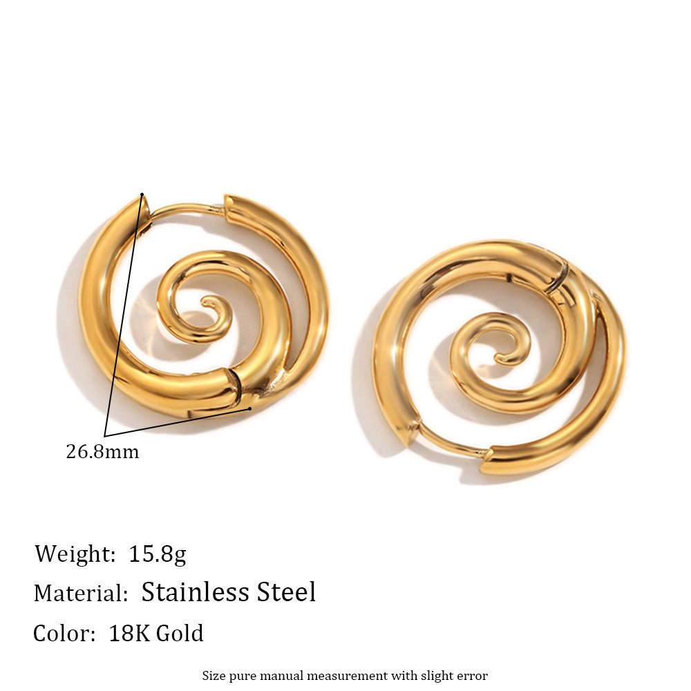spiral hoop earrings, geometric earrings, minimalist jewelry, stainless steel earrings, gold hoops, silver hoops, bold design, modern style, statement earrings, everyday accessories EH-117