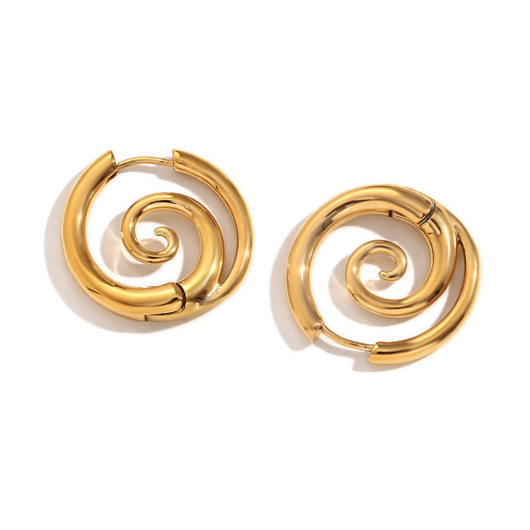 spiral hoop earrings, geometric earrings, minimalist jewelry, stainless steel earrings, gold hoops, silver hoops, bold design, modern style, statement earrings, everyday accessories EH-117