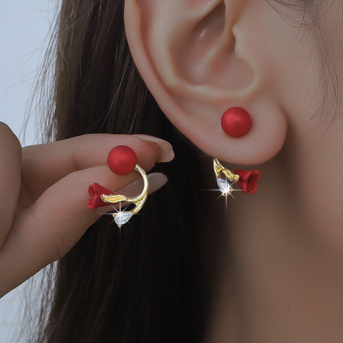 rose bud earrings, red earrings, black earrings, gold accent jewelry, romantic earrings, asymmetrical design, crystal detail, modern floral style, statement studs, date night accessories EH-118