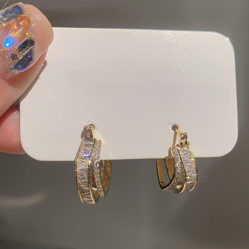 gold hoop earrings, baguette crystal hoops, minimalist earrings, luxury jewelry, daily wear, cubic zirconia, layered design, gold statement hoops, elegant accessories, modern classic style EH-119
