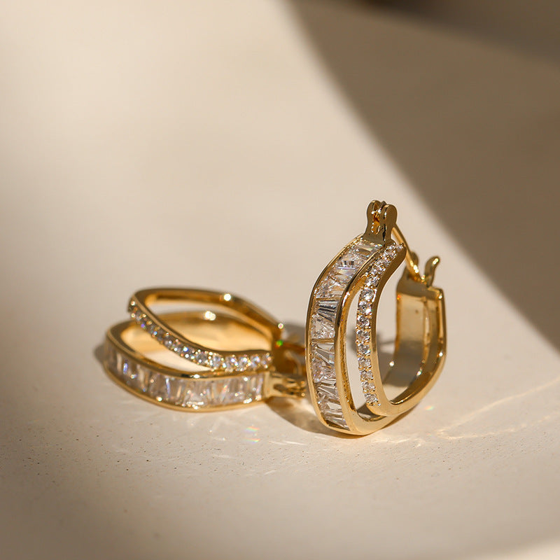 gold hoop earrings, baguette crystal hoops, minimalist earrings, luxury jewelry, daily wear, cubic zirconia, layered design, gold statement hoops, elegant accessories, modern classic style EH-119