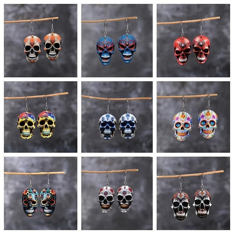 skull earrings, gothic jewelry, Halloween earrings, sugar skull design, boho style, festival accessories, statement earrings, colorful skulls, punk earrings, day of the dead jewelry EH-121