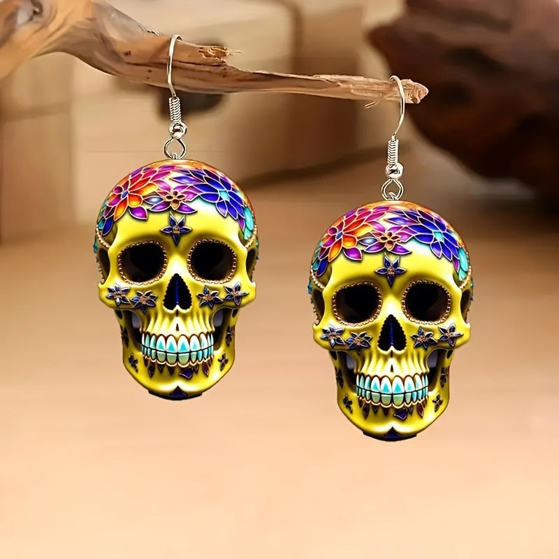 skull earrings, gothic jewelry, Halloween earrings, sugar skull design, boho style, festival accessories, statement earrings, colorful skulls, punk earrings, day of the dead jewelry EH-121