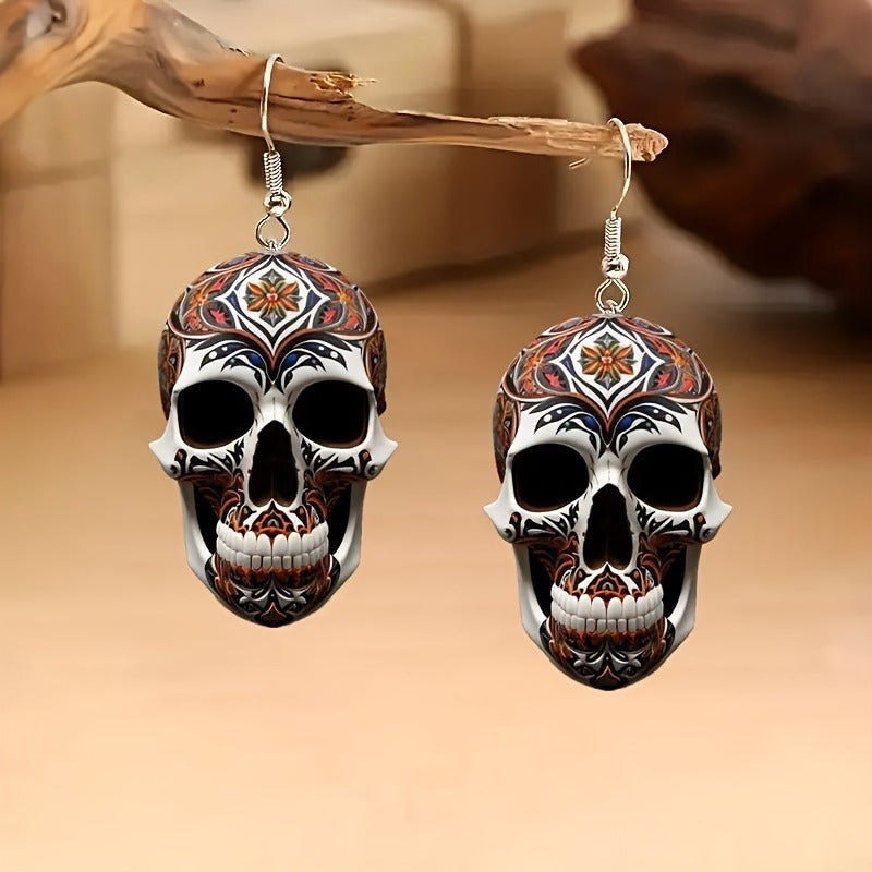 skull earrings, gothic jewelry, Halloween earrings, sugar skull design, boho style, festival accessories, statement earrings, colorful skulls, punk earrings, day of the dead jewelry EH-121